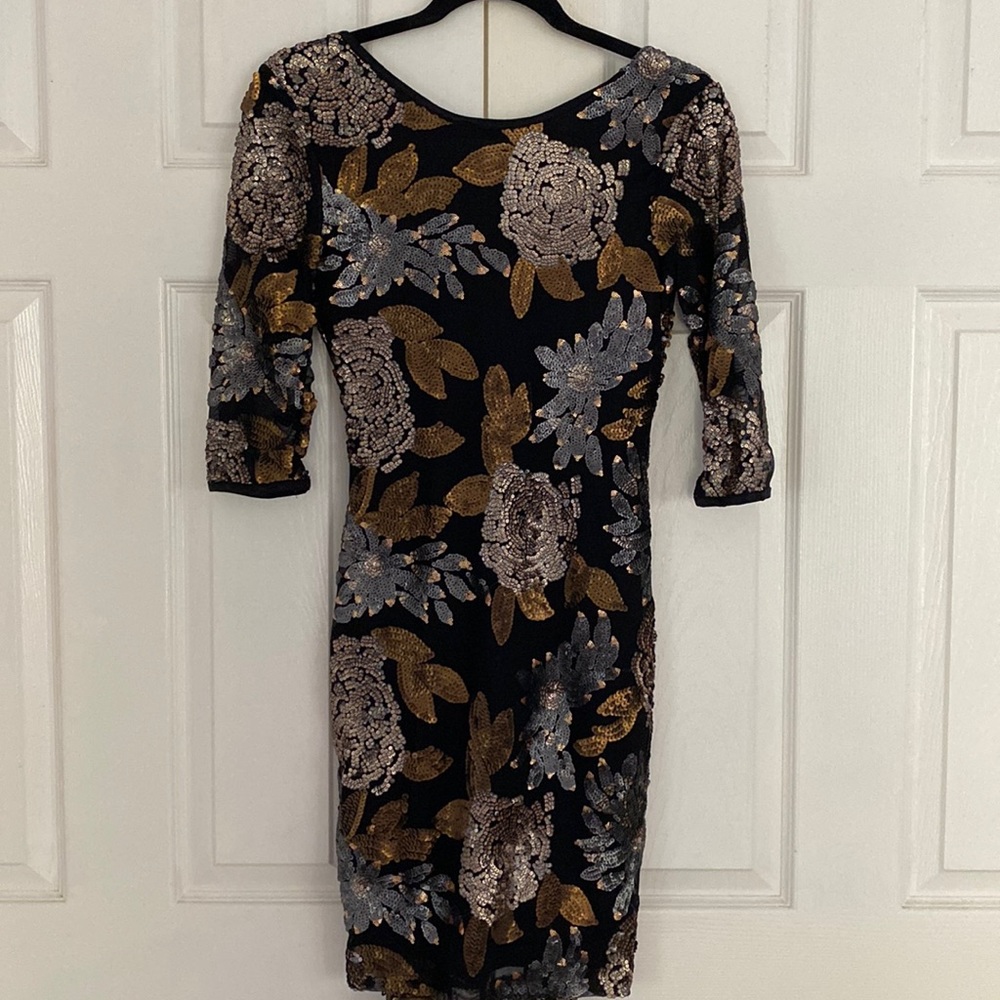 New holiday party dress with gold, bronze, pewter sequins stretchy